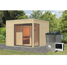Saunahaus Karibu Termingo 1 B inkl. 9kW Ofen u.ext. Steuerung mit Vorraum und Holztür mit Isolierglas wärmegedämmt