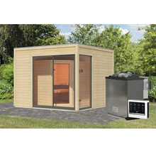 Saunahaus Karibu Termingo 1 B inkl. 9kW Bio Ofen u.ext. Steuerung mit Vorraum und Holztür mit Isolierglas wärmegedämmt