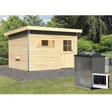 Blockbohlensauna mit Saunaofen und Steuerung im Garten
