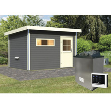 Saunahaus Topas 2 inkl.9kW Ofen u.ext.Steuerung mit Vorraum und bronzierter Ganzglastüre terragrau/weiß