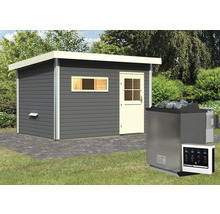 Saunahaus Topas 2 inkl.9kW Bio Ofen u.ext.Steuerung mit Vorraum und bronzierter Ganzglastüre terragrau/weiß