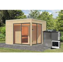 Saunahaus Karibu Termingo 3 B inkl. 9kW Bio Ofen u.ext. Steuerung mit Vorraum und Holztür mit Isolierglas wärmegedämmt