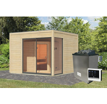 Saunahaus Karibu Termingo 1 A inkl. 9kW Ofen u.ext. Steuerung mit Vorraum und Holztür mit Isolierglas wärmegedämmt
