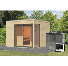 Saunahaus Karibu Termingo 1 A inkl. 9kW Bio Ofen u.ext. Steuerung mit Vorraum und Holztür mit Isolierglas wärmegedämmt