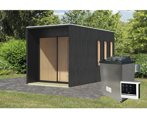 Saunahaus Karibu Miramor inkl.9 kW Ofen u.ext.Steuerung mit Vordach und Holztüre mit Isolierglas wärmegedämt schwarz