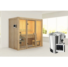 Elementsauna Karibu Avarni 2 inkl. 3,6 kW Bio Ofen u.ext.Steuerung ohne Dachkranz mit bronzierter Ganzglastüre