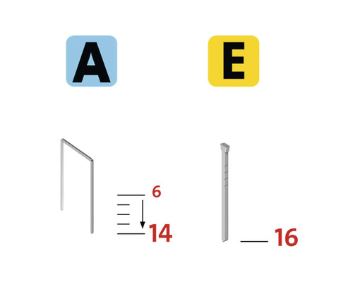 Abbildung von Klammer Typ A und Nagel Typ E mit Maßangaben