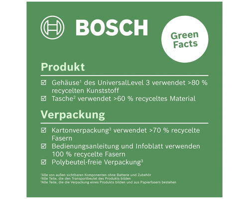 Bosch Green Facts zum UniversalLevel 3 Produkt und zur Verpackung
