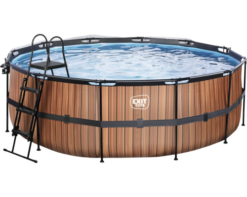 Aufstellpool Framepool-Set EXIT WoodPool rund Ø 427x122 cm inkl. Sandfilteranlage, Abdeckung, Wärmepumpe & Leiter Holzoptik