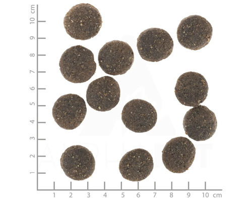 Nahaufnahme von Hunde Trockenfutter Pellets mit Größenangabe
