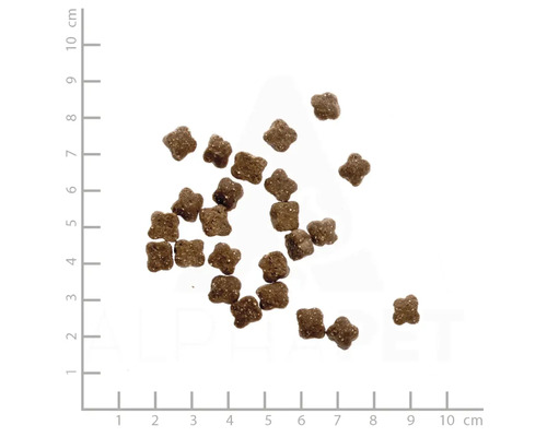 Hundefutter in Sternform auf weißem Hintergrund mit Zentimeterangaben