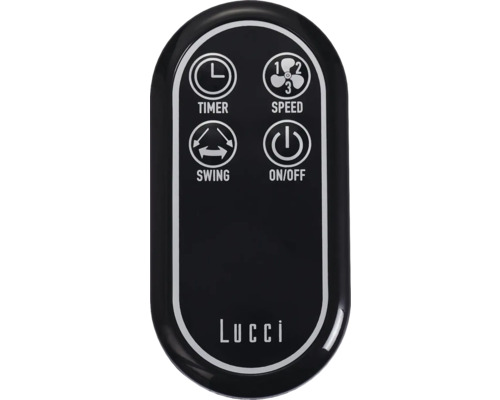 Schwarze Lucci Fernbedienung mit Timer-, Geschwindigkeits-, Schwing- und Ein-/Ausschaltknopf.