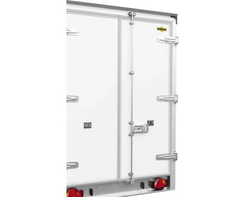 Türen eines Anhängers mit Verriegelungsmechanismus und Hornbach Logo