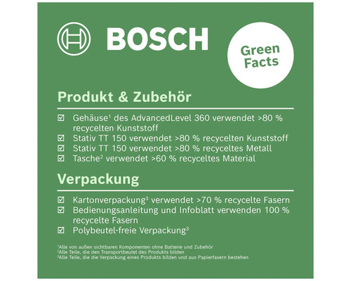 Bosch Logo. Informationen zu Produkt, Zubehör und Verpackung mit Angaben zum Recyclinganteil.