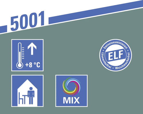 Informationen zur Verarbeitungstemperatur ab 8 Grad, für Innenräume, Mix-Logo, ELF-Logo lösemittelfrei und emissionsminimiert