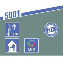 Hinweise zum Produkt: Verarbeitungstemperatur ab 8 Grad, geeignet für Innenräume, ELF Siegel für emissionsminimierte, lösemittelfreie und weichmacherfreie Produkte, MIX Logo.