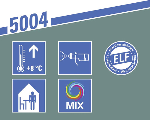 Produktinformationen: Verarbeitungstemperatur ab 8 Grad, Spritzpistolen geeignet, Innenbereich geeignet, Farbmischservice und ELF Siegel