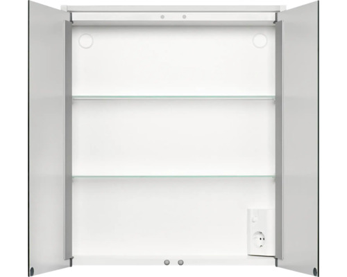Offener Spiegelschrank mit zwei Glasböden und Steckdose