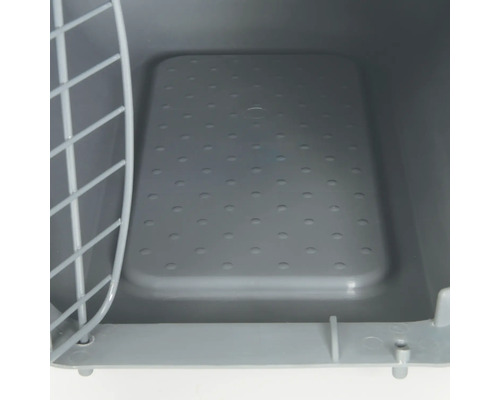 Graue Transportbox für Tiere mit Metallgitter und belüftetem Boden.