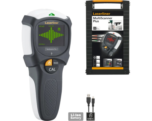 Laserliner MultiScanner Plus mit USB-C Ladefunktion und zugehöriger Verpackung