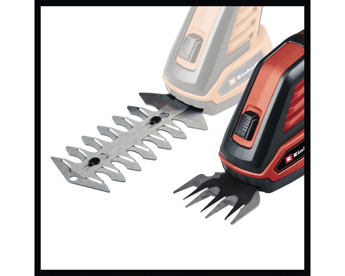 Einhell Logo. Gras- und Strauchschere mit verschiedenen Aufsätzen.