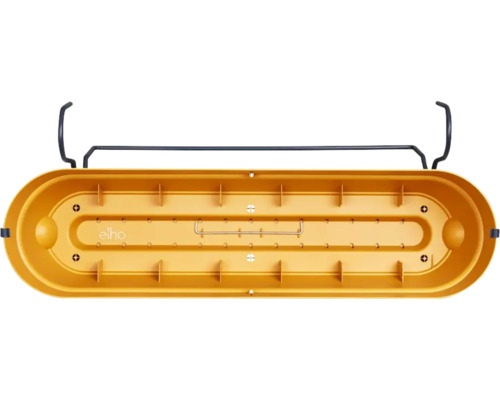 Gelber Balkonkasten mit Bewässerungssystem und Halterung