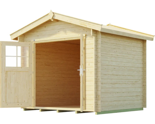 Holzgartenhaus mit geöffneten Doppeltüren