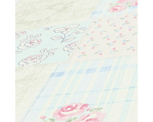 Tapete mit Patchworkmuster mit Blumen und Karos