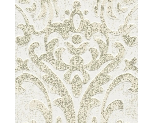 Detailansicht einer weißen Vinyltapete mit Ornamentmuster