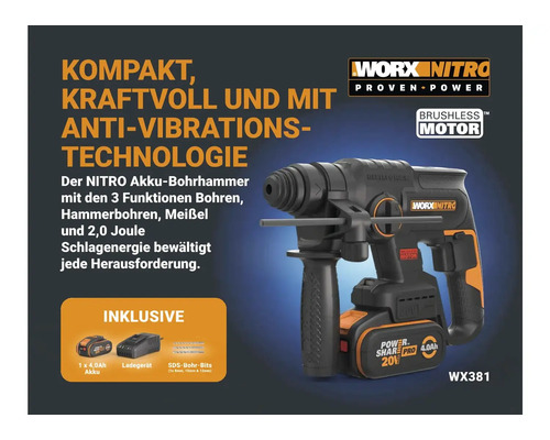 Worx Nitro Akku Bohrhammer mit Akku, Ladegerät und SDS Bohrer-Bits