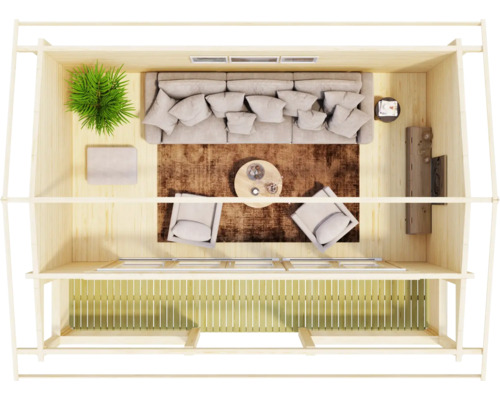 Vogelperspektive eines Holzgartenhauses mit Sofa, Sesseln und Teppich