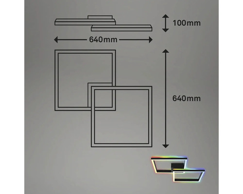 Abbildung der Abmessungen einer Deckenleuchte: 640 mm Länge, 640 mm Höhe und 100 mm Tiefe