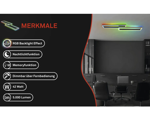 Merkmale der Bürolampe mit RGB Hintergrundbeleuchtung, Nachtlichtfunktion, Memoryfunktion, Dimmbarkeit per Fernbedienung, 42 Watt und 5.000 Lumen.