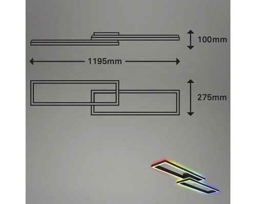 Technische Zeichnung einer Deckenleuchte mit den Maßen 1195 mm Länge, 100 mm Höhe und 275 mm Breite
