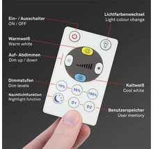 Weiße Fernbedienung für Leuchten zur Steuerung von Lichtfarbe, Helligkeit und mehr