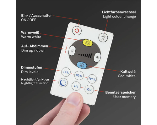Weiße Fernbedienung für Leuchten zur Steuerung von Lichtfarbe, Helligkeit und mehr