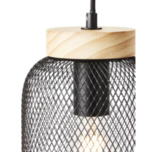Hängelampe mit Holzaufsatz und schwarzem Drahtgeflecht