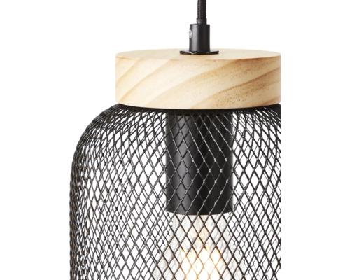 Hängelampe mit Holzaufsatz und schwarzem Drahtgeflecht