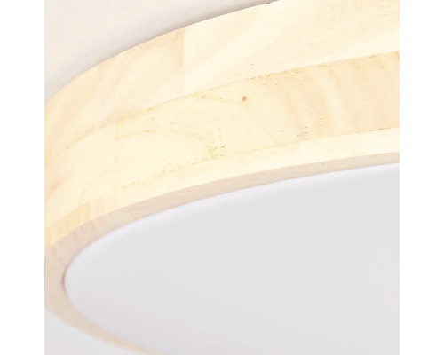 Detailaufnahme einer runden Deckenleuchte mit Holzrahmen