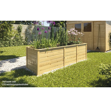 Hochbeet aus Holz mit Pflanzen und zwei Erweiterungsmodulen im Garten