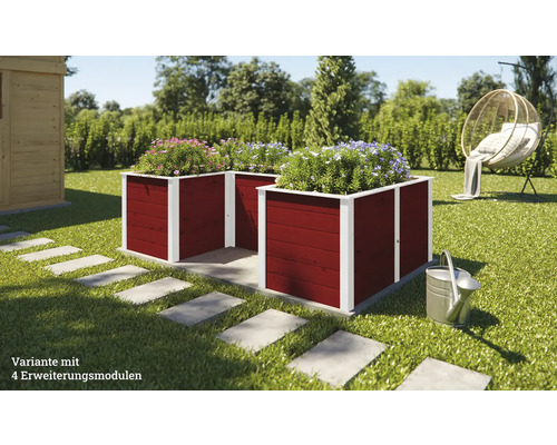 Gartenszene mit zwei Hochbeeten aus Holz mit Erweiterungsmodulen, bepflanzt mit Blumen