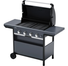 Gasgrill mit vier Brennern, Ablageflächen und offenem Deckel