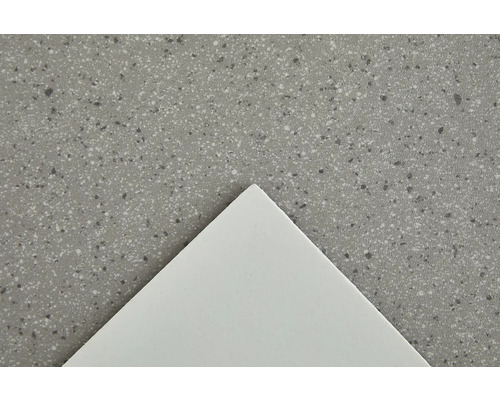 Nahaufnahme einer Arbeitsplatte mit gesprenkelter Oberfläche und einer weißen Platte