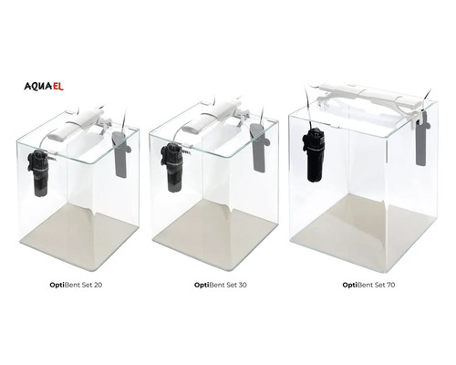 Drei Aquarien der Marke Aquael OptiBent Set mit Filter und Lampe