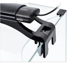 Aquariumleuchte mit schwarzer Halterung am Glas befestigt