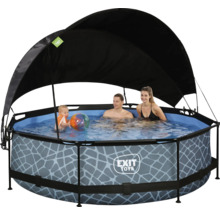 Schwimmbecken mit Sonnendach, Menschen im Wasser und EXIT Toys Logo