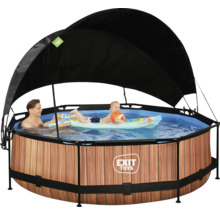 Runder Pool mit Holzoptik, Sonnendach und spielenden Personen
