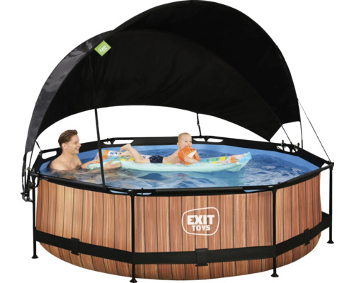 Runder Pool mit Holzoptik, Sonnendach und spielenden Personen
