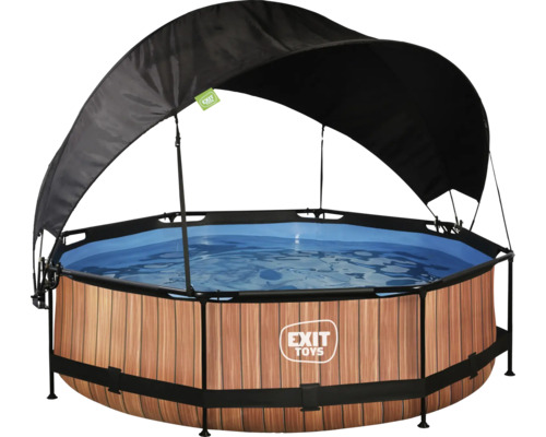 Runder Aufstellpool mit Holzoptik und Sonnendach