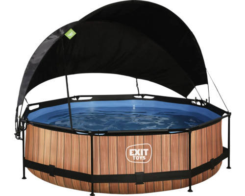 Rundes Schwimmbecken mit Holzoptik und schwarzem Sonnendach